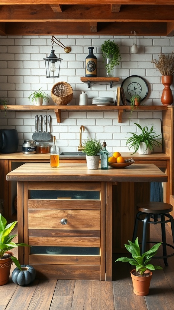 Rustic farmhouse style kitchen island with wooden design and plants