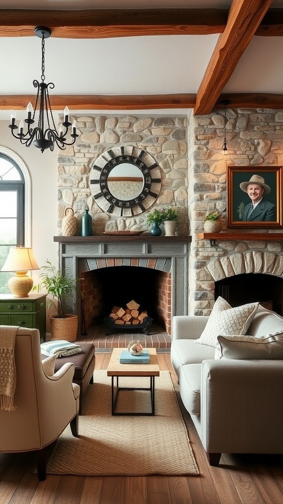 A cozy rustic fireplace with stone and brick accents, surrounded by comfortable seating in a French country bedroom.