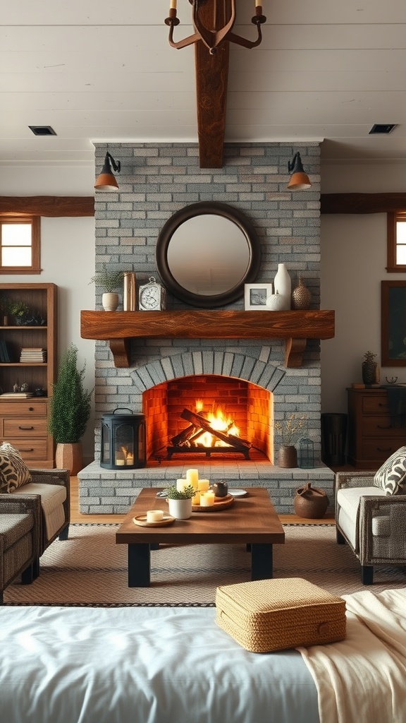 Cozy rustic living room with a brick fireplace and wooden mantel, featuring comfortable seating and warm lighting.
