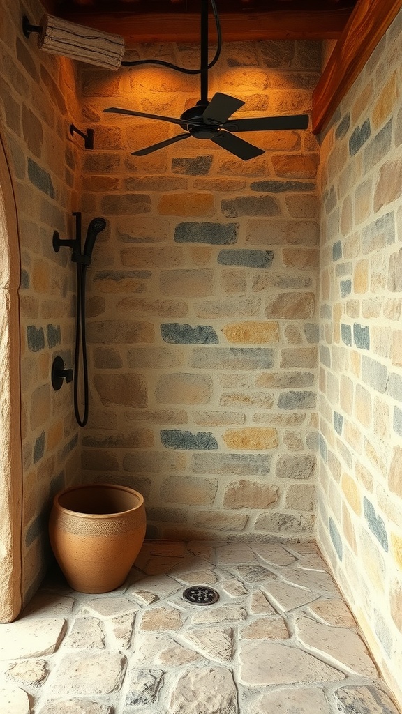 A rustic flagstone shower featuring natural stone walls, a stone floor, and a terracotta pot.