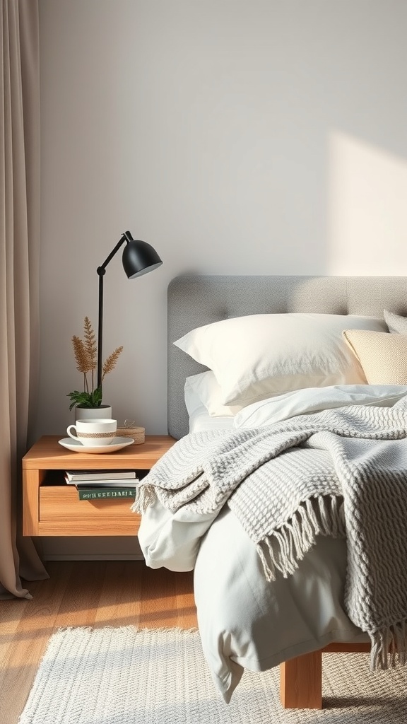 A rustic floating nightstand with a drawer, lamp, and plant beside a cozy bed.