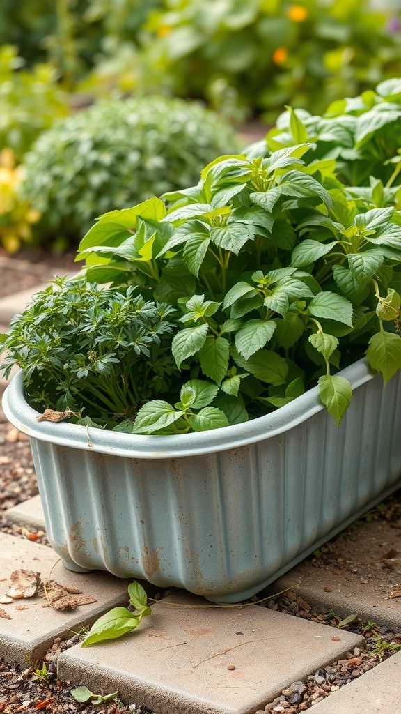 A rustic galvanized trough filled with lush green herbs.