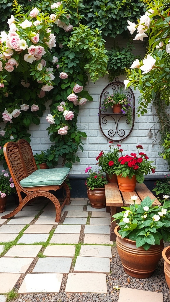A charming rustic garden corner with a wooden bench, a decorative chair, and vibrant flower pots, surrounded by climbing roses.