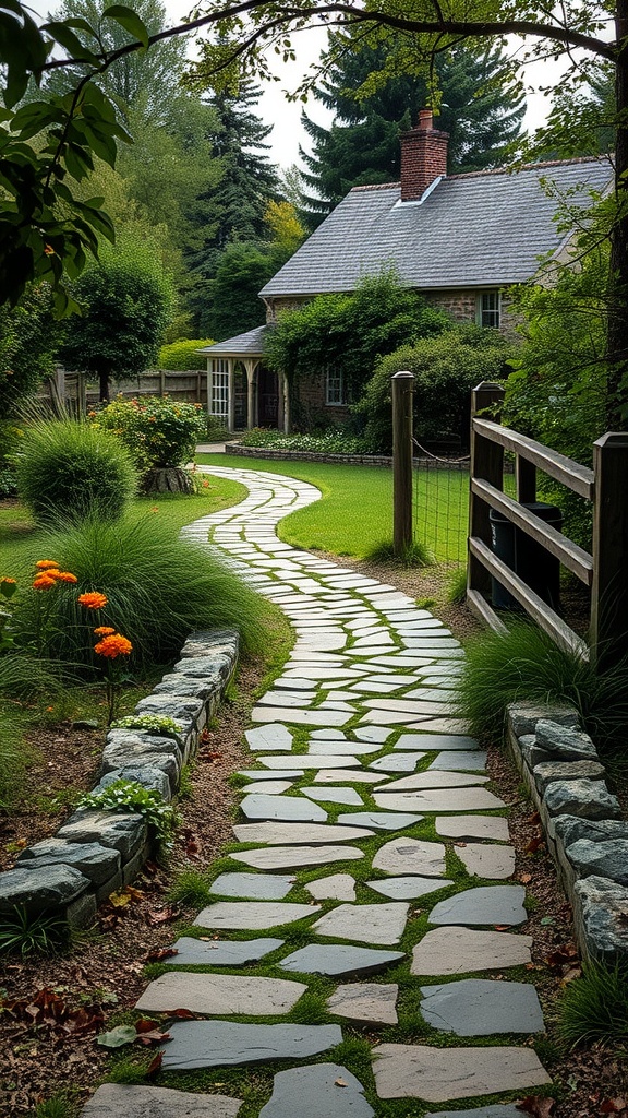A winding stone pathway through a lush garden leading to a cottage.