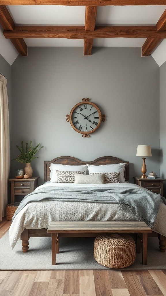 A rustic gray bedroom featuring wooden beams, a large clock, and cozy bedding.