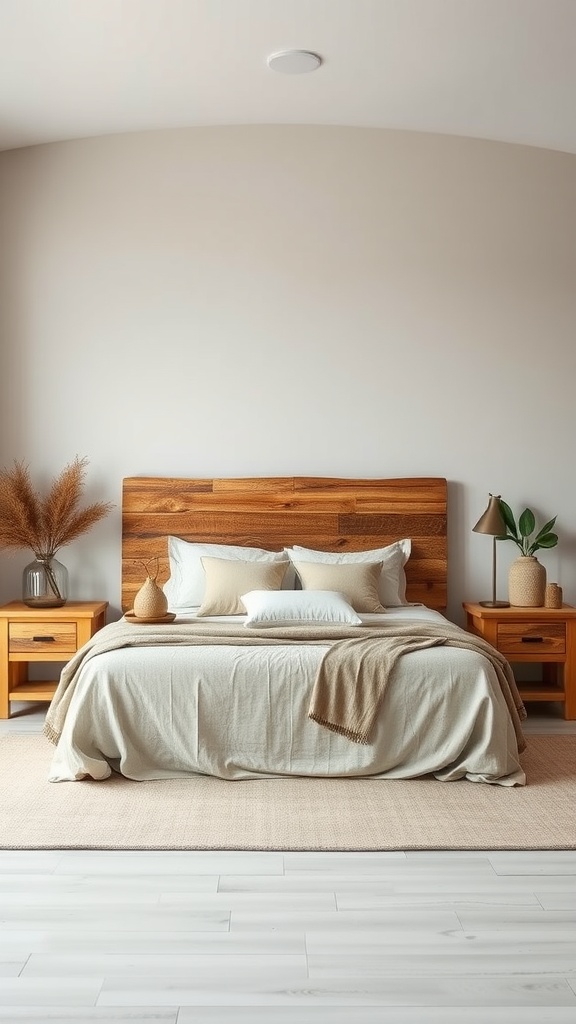 A cozy bedroom featuring a wooden headboard, greige bedding, and rustic accents.