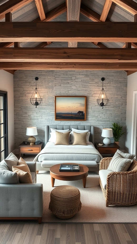 A rustic grey living room featuring wooden beams, wicker furniture, and soft lighting.