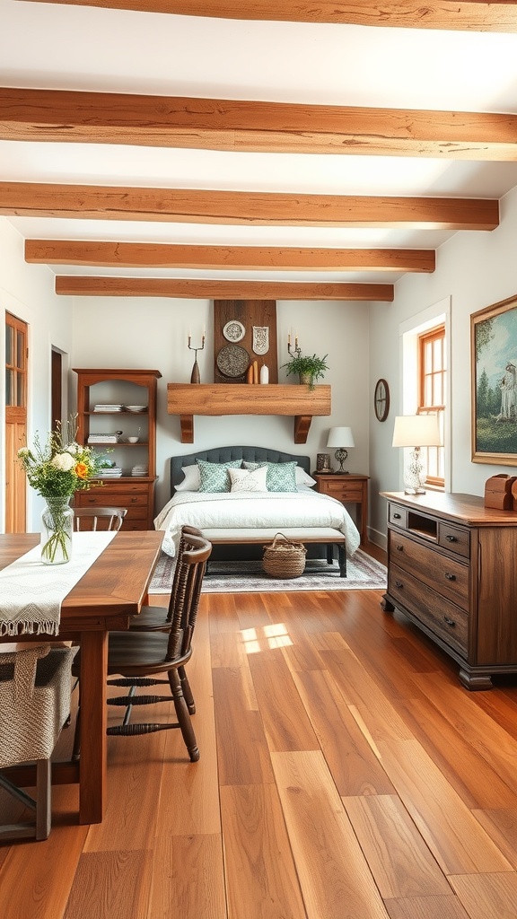 A cozy kitchen with rustic hardwood flooring, featuring wooden beams and a warm color palette.