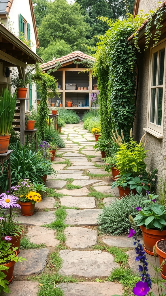 A stone pathway surrounded by potted herbs and flowers, creating a rustic garden atmosphere.