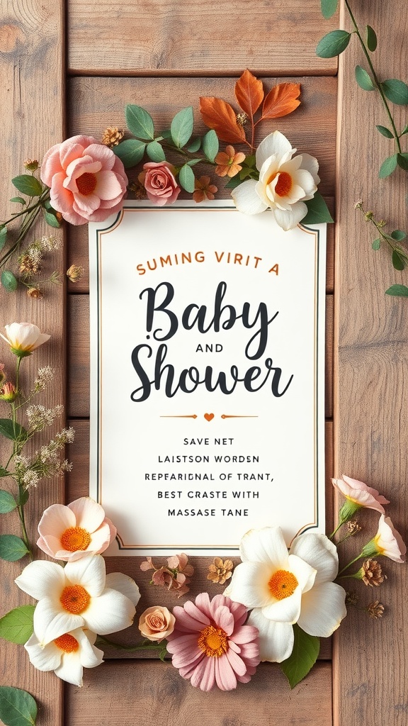 Rustic baby shower invitation with floral accents on a wooden background