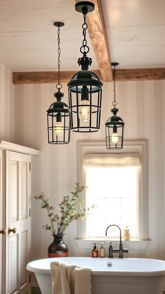 Three rustic lanterns hanging from the ceiling in a bathroom, illuminating a white bathtub and a window with soft curtains.