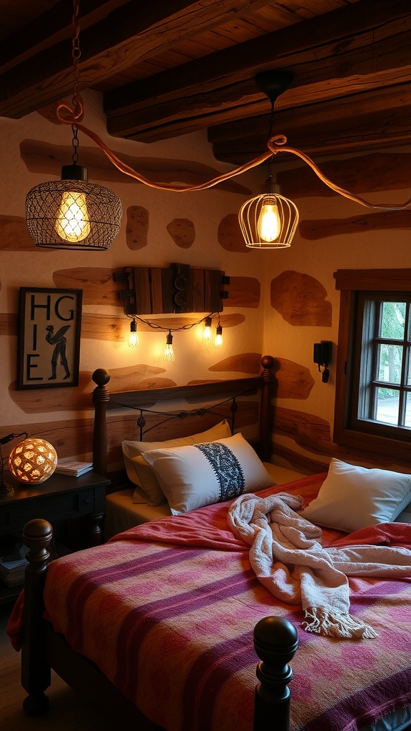 A cozy rustic bedroom featuring unique lighting fixtures, warm colors, and wooden beams.