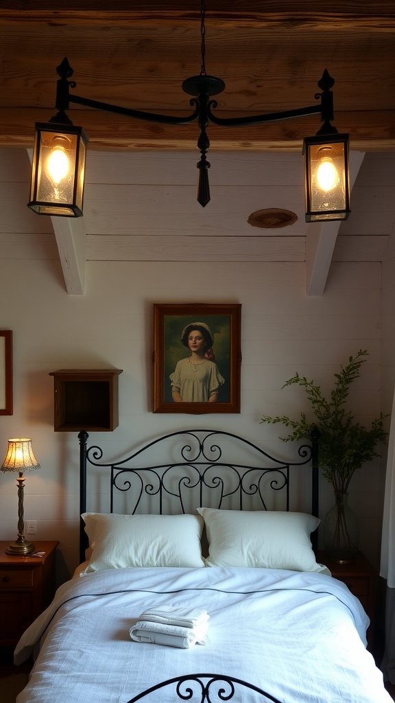 A rustic bedroom featuring a black chandelier and a vintage lamp, creating a cozy atmosphere.