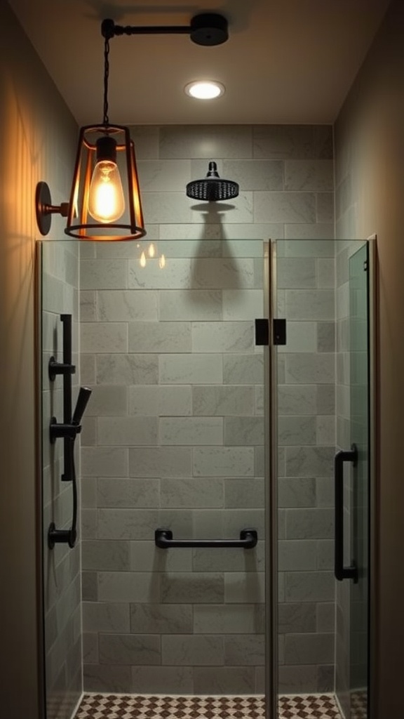 Rustic walk-in shower with pendant lighting and vintage-style sconce