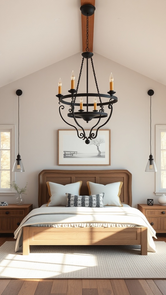A cozy farmhouse bedroom featuring a rustic chandelier and pendant lights.