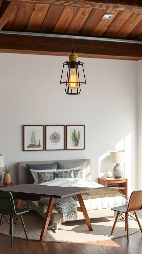 A rustic pendant light hanging over a cozy bedroom with wooden ceiling and modern furniture.