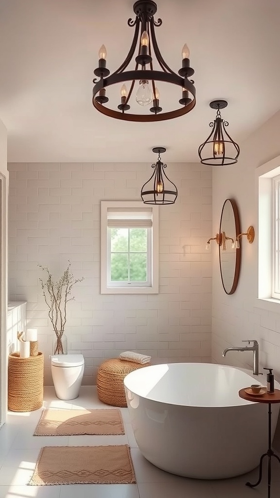A rustic bathroom featuring a chandelier and hanging lights, with a freestanding bathtub and natural decor.