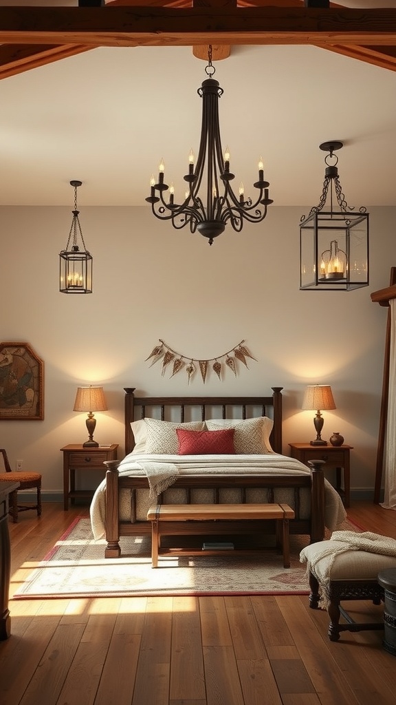 A rustic western bedroom featuring a chandelier and lantern-style lighting fixtures.