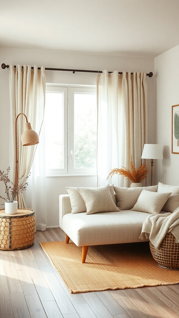 A cozy living room featuring rustic linen curtains, a light-colored sofa, and natural decor elements.