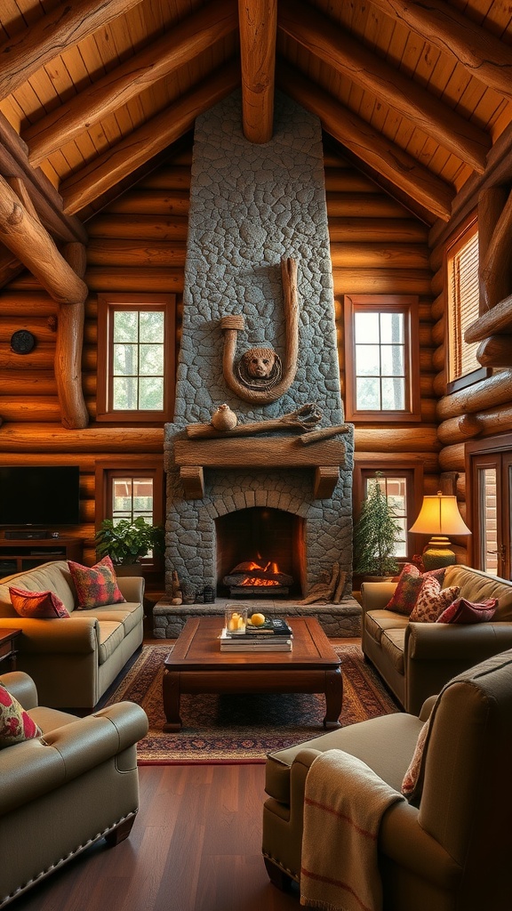 Cozy rustic lodge living room with a stone fireplace and wooden beams.