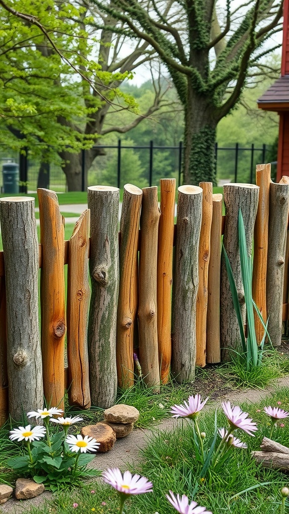 A rustic log fence with flowers and green grass in a backyard setting.