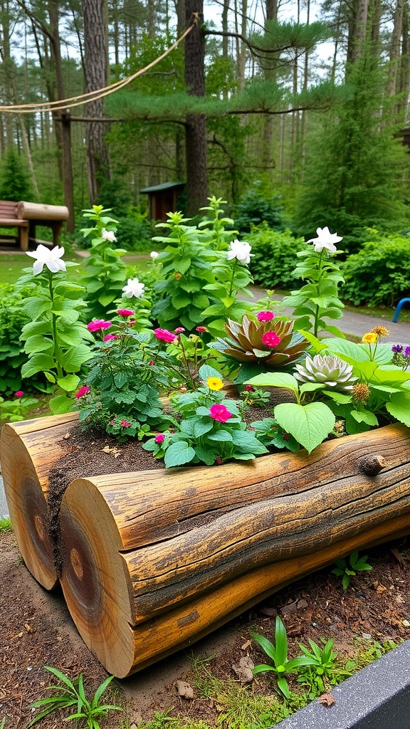 A rustic log garden bed filled with colorful flowers and greenery.