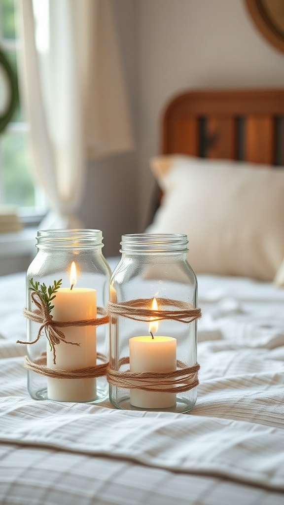 Two rustic mason jar candle holders with white candles wrapped in twine and a sprig of greenery.