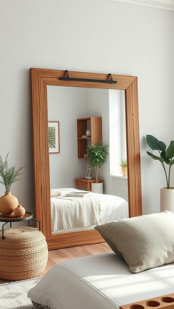 A rustic wooden mirror with a black hardware accent, reflecting a cozy room with plants and natural decor.