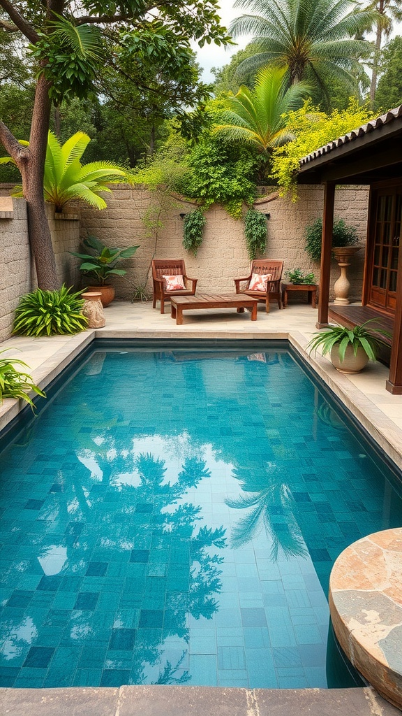 A backyard pool area featuring a rustic natural stone deck, surrounded by lush greenery and comfortable seating.
