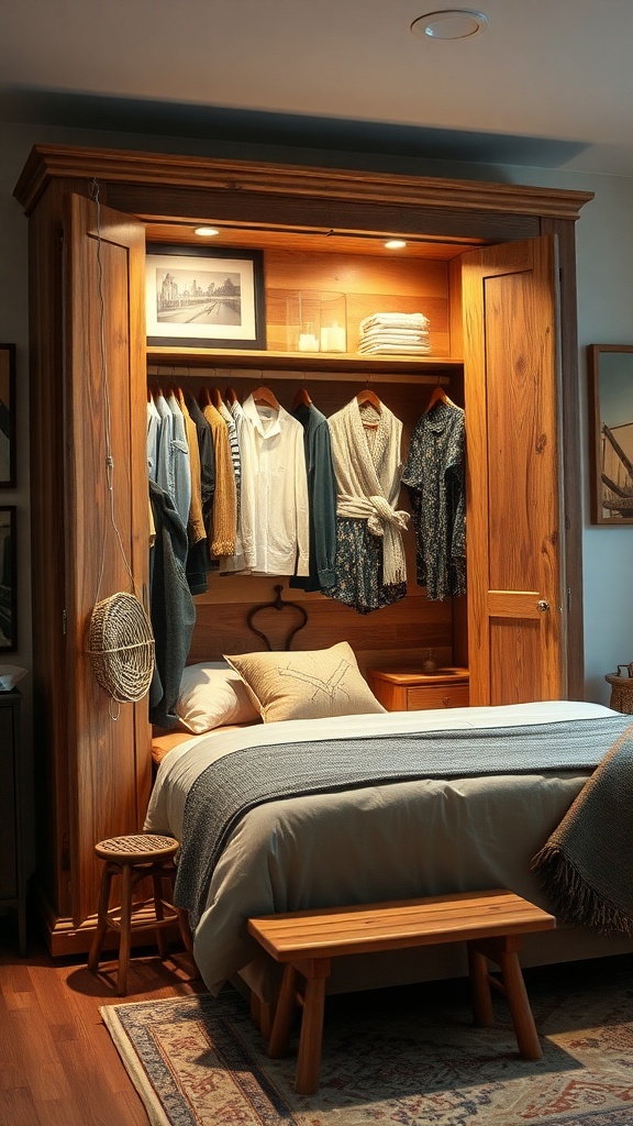 A rustic open wardrobe made of wood with clothes hanging inside, next to a bed and a small stool.