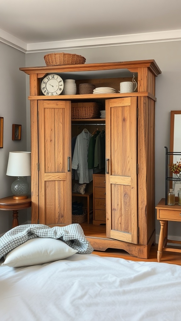 A rustic wooden open wardrobe in a cozy bedroom setting.