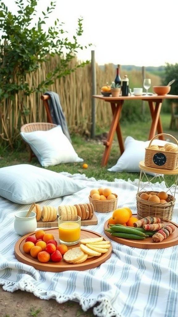 A rustic picnic setup with a blanket, cushions, fruits, and snacks