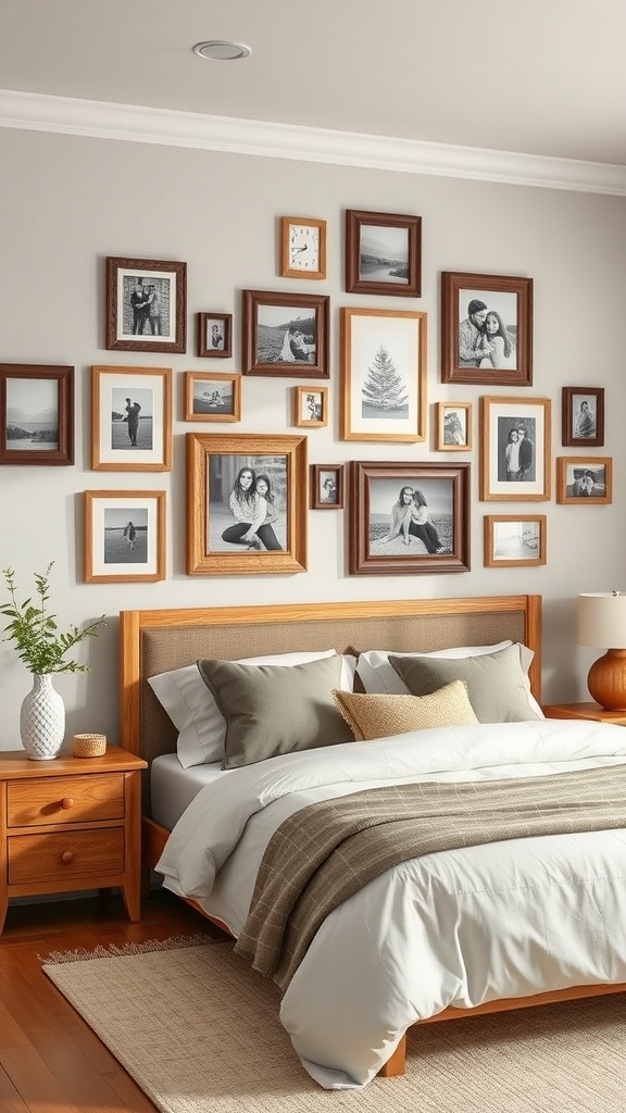 A cozy bedroom featuring a wall of rustic picture frames with black-and-white photos.
