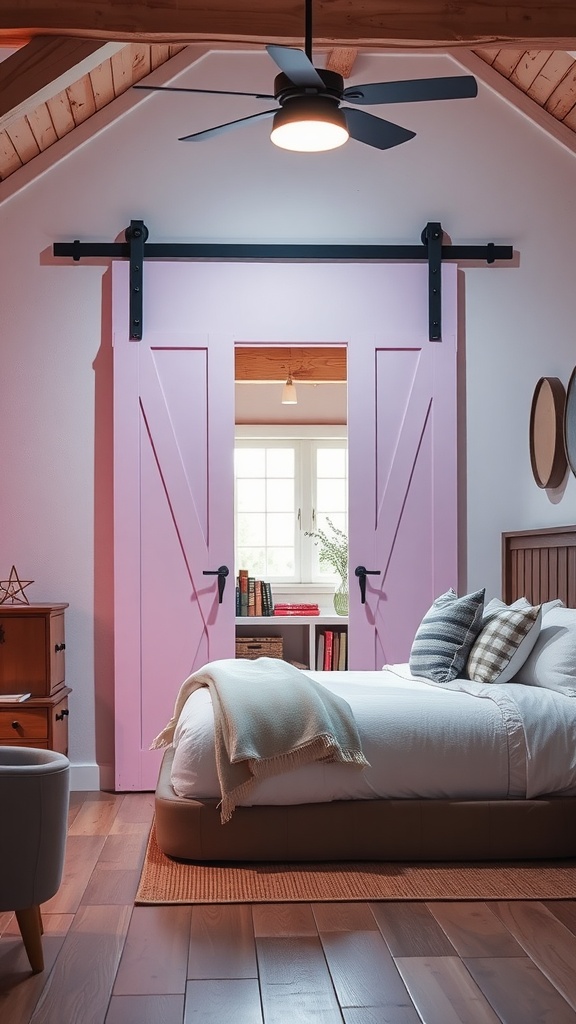 A rustic pink barn door in a cozy bedroom setting