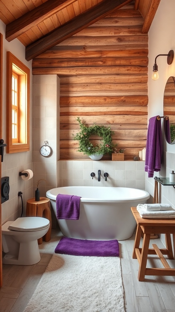 A cozy rustic bathroom featuring wooden walls, a freestanding tub, and purple accents.