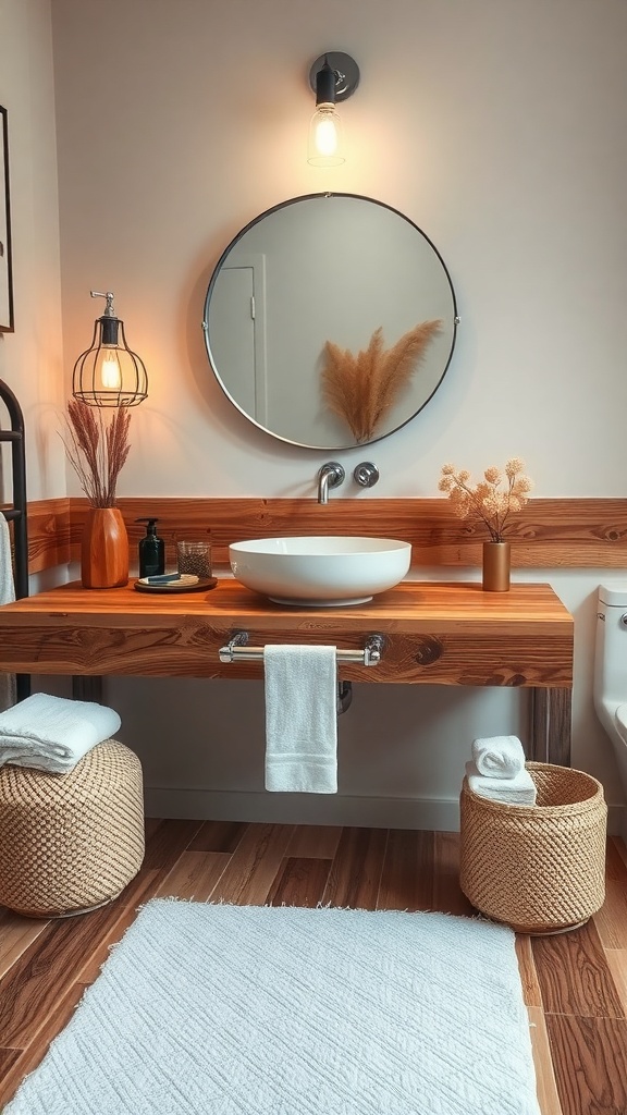A rustic bathroom countertop made of reclaimed wood with a round mirror and soft lighting.