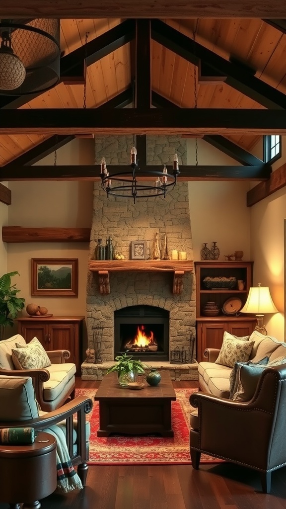 A rustic family room with a stone fireplace, wooden beams, and comfortable seating