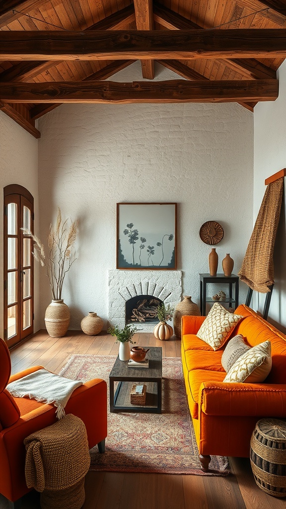 A cozy living room with an orange sofa, wooden beams, and rustic decor