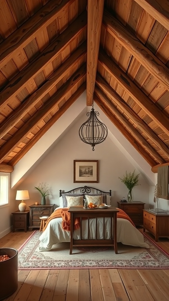 A cozy attic bedroom featuring exposed wooden beams, a bed with soft linens, and a warm color palette.