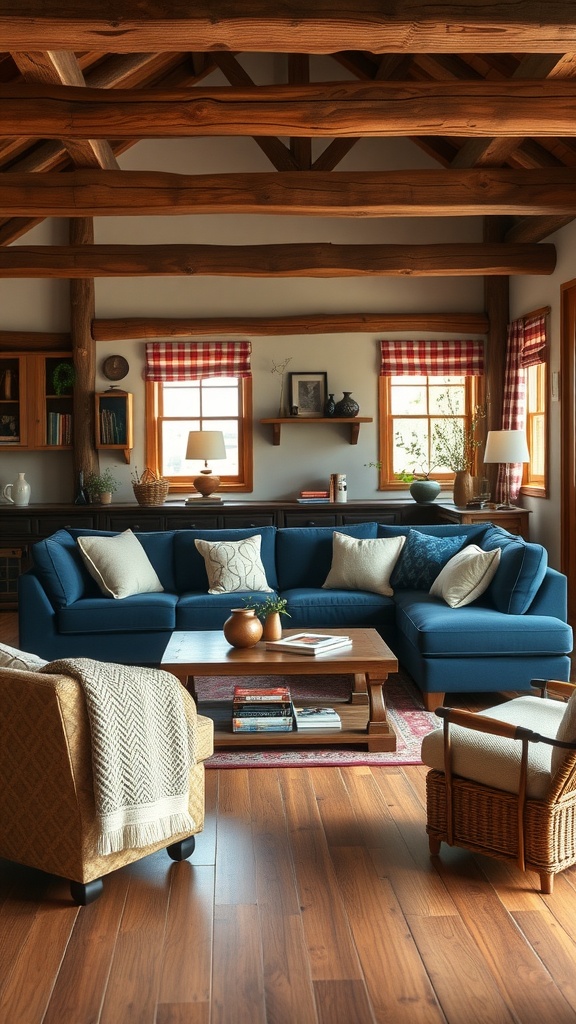 A cozy living room featuring a navy blue sofa, wooden beams, and rustic decor.