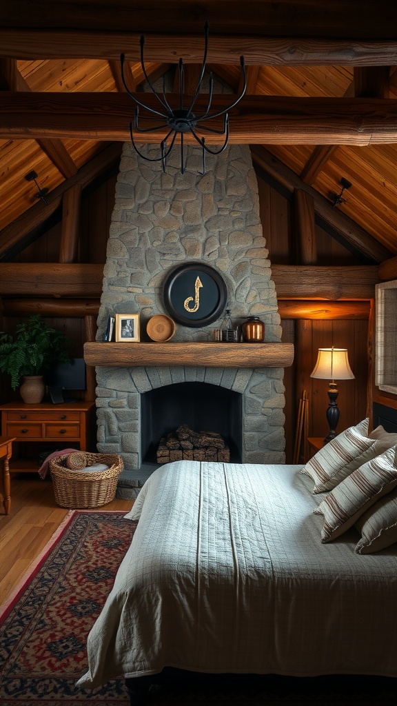 A rustic bedroom featuring wooden beams, a stone fireplace, and cozy bedding