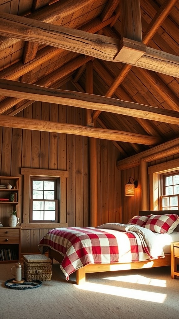Cozy loft bedroom with wooden beams, plaid bedding, and warm wooden walls
