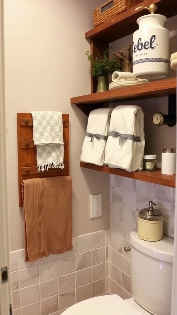 Rustic bathroom shelving with wooden shelves, towels, and decor