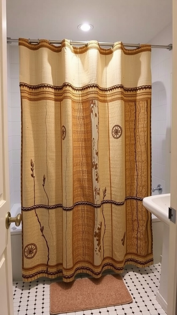 A rustic shower curtain featuring earthy tones and natural patterns in a small bathroom setting.