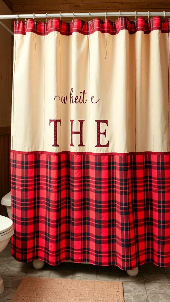 A rustic shower curtain with a cream top and red plaid bottom, featuring playful text.