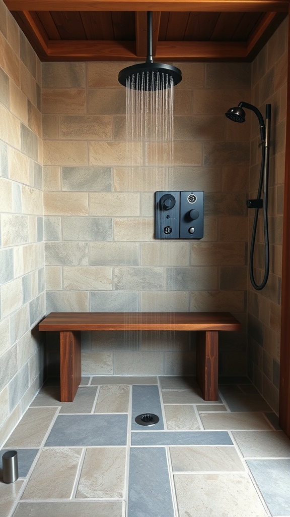 A rustic shower design featuring textured stone walls, a wooden bench, and a rainfall showerhead with black fixtures.