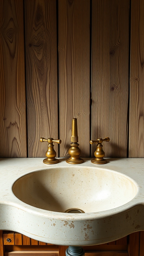 A rustic bathroom sink featuring a creamy textured basin and vintage brass fixtures against wooden paneling.