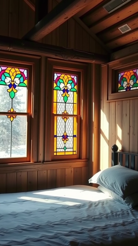 Cozy bedroom with rustic stained glass windows and warm wooden walls