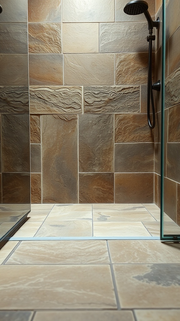 Rustic stone flooring in a walk-in shower with textured tiles.