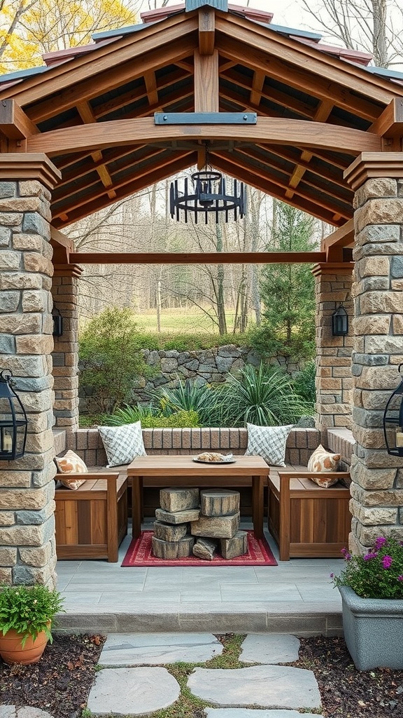 Rustic stone gazebo with wooden roof and benches, surrounded by greenery